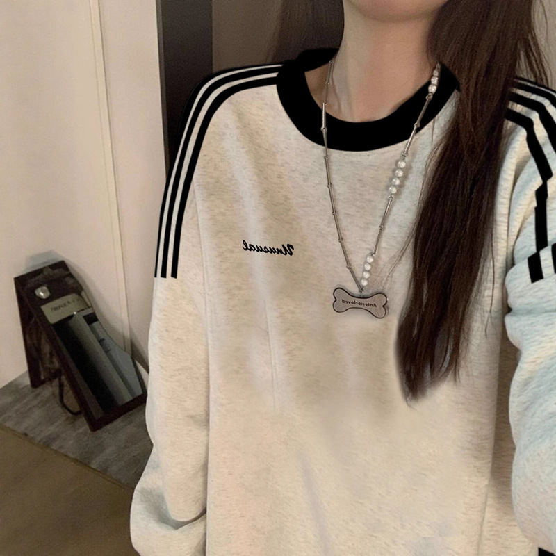 美式复古潮牌三条杠无帽卫衣女春秋oversize薄款外套chic慵懒上衣|undefined