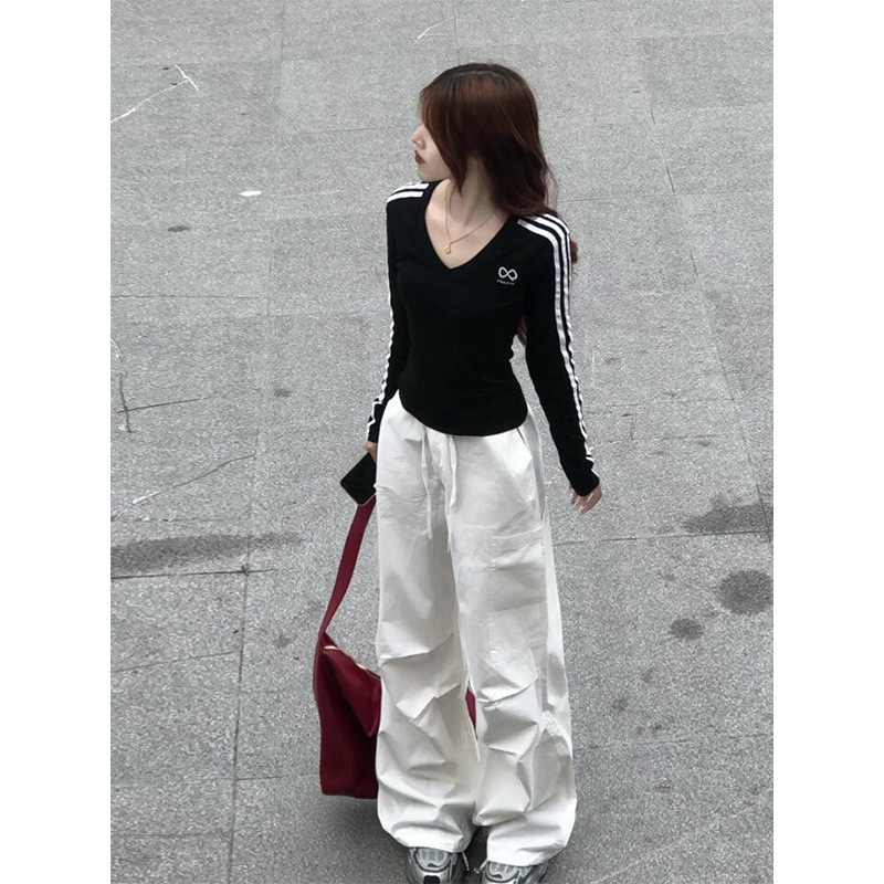美式辣妹条纹V领短款收腰紧身长袖t恤女秋季棉内搭打底衫上衣|undefined