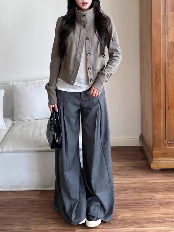 外套女2025新款秋季修身短款显瘦休闲百搭高领上衣女长袖灰绿色棉|undefined
