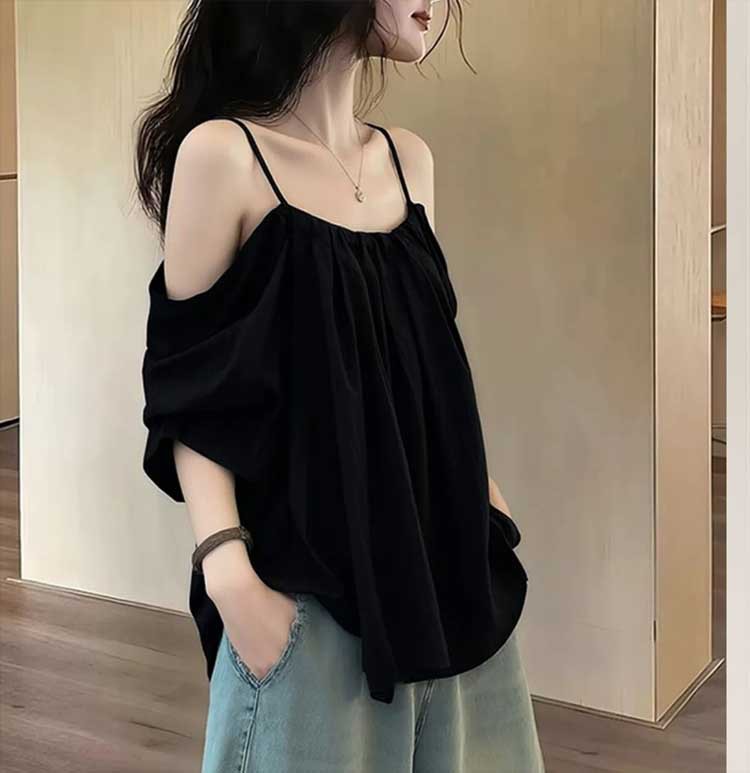Áo thun nữ cổ tròn basic tay ngắn thiết kế dây thắt lưng — màu đen chi tiết 6