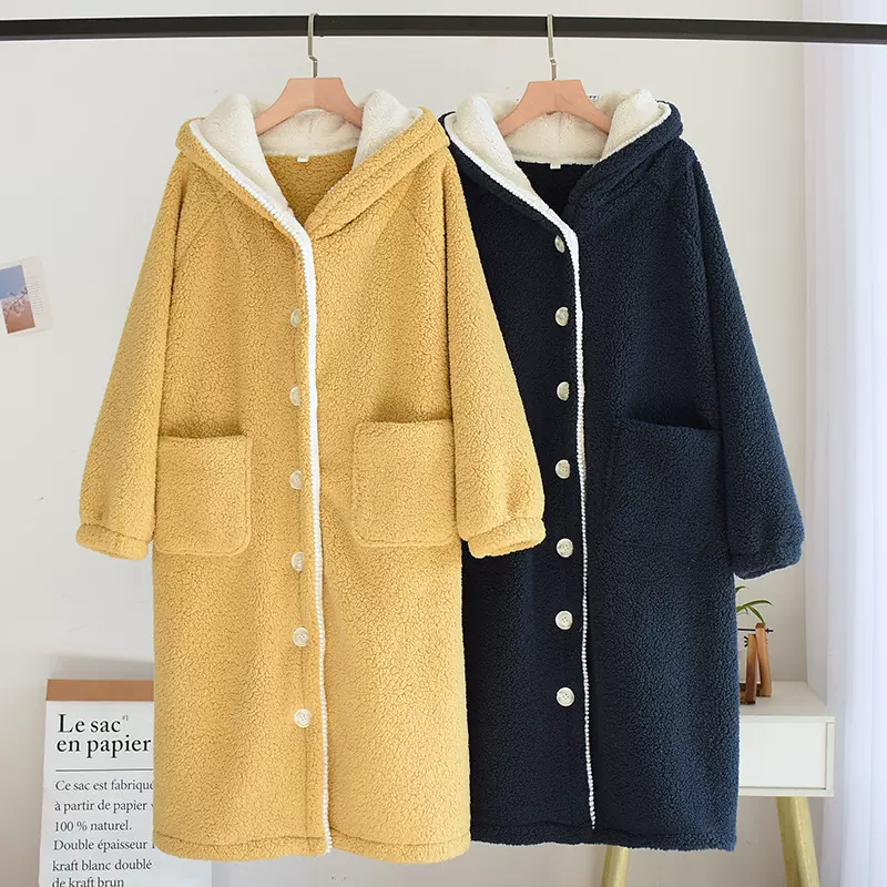 新款羊羔绒睡袍女冬季睡衣保暖加绒加厚浴袍女秋冬长款家居服代发