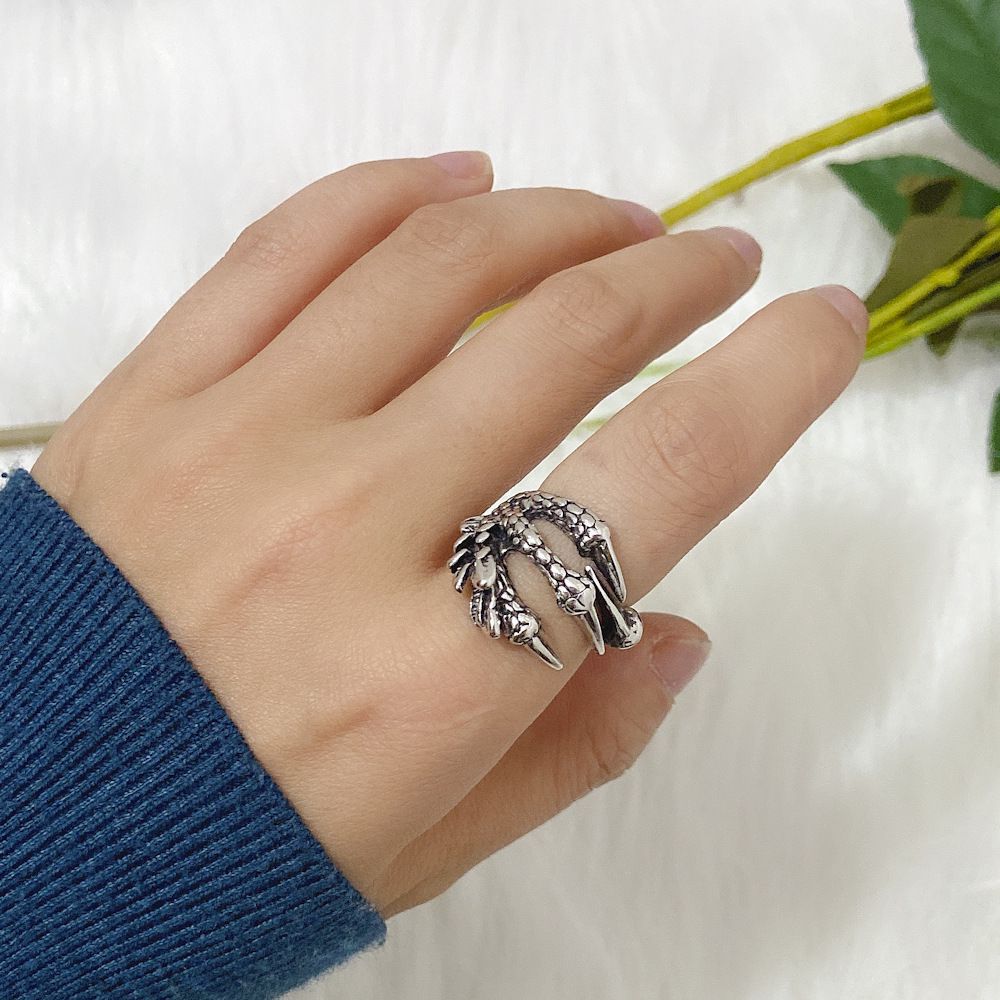 Vintage Men's Antique Silver Dragon Eagle Claw Ring Personality_voghion.com