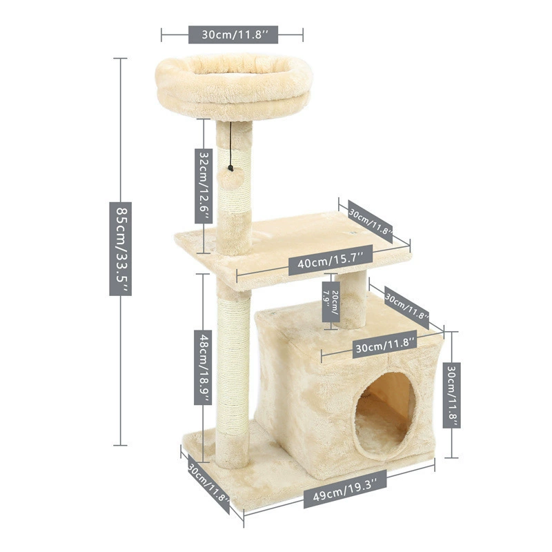 Multi‑level cat tree, plush cozy condo with scratching posts and hanging toys, multiple color codes