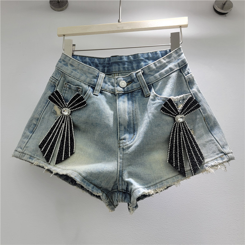 Pantalones Cortos Jeans con Pedrería para Mujer de Mezclilla de Poliéster de Cintura Baja