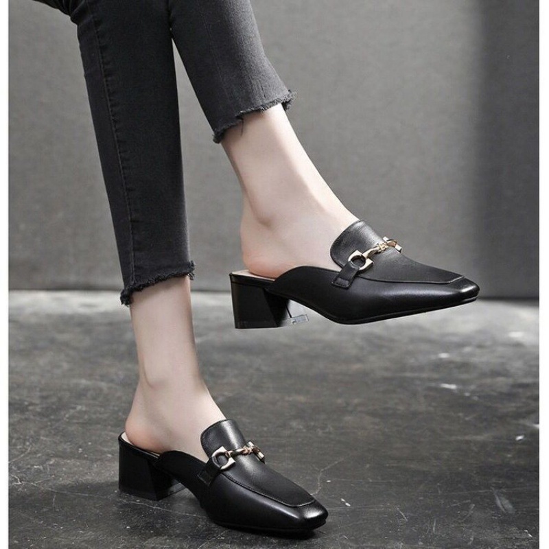 Moda de comercio exterior zapatillas de raíz cuadrada de moda universal de mujer ligera un pedazo de ropa de moda de fotos de película explosiva negro image 5