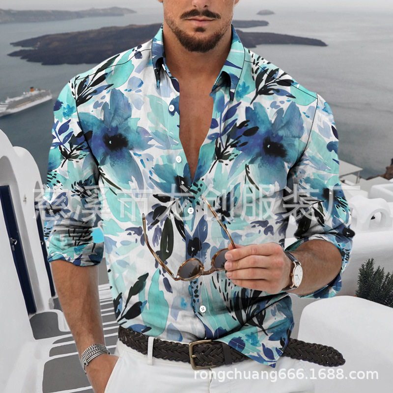 AliExpress Amazon men 3D plant flower print shirt casual floral lapel shirt men's wholesale