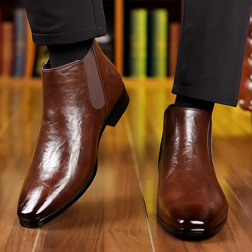 Chelsea men's boots for cross-border, large size, pointed toe, short high-top, breathable lychee pattern, casual men's Korean one-piece boot