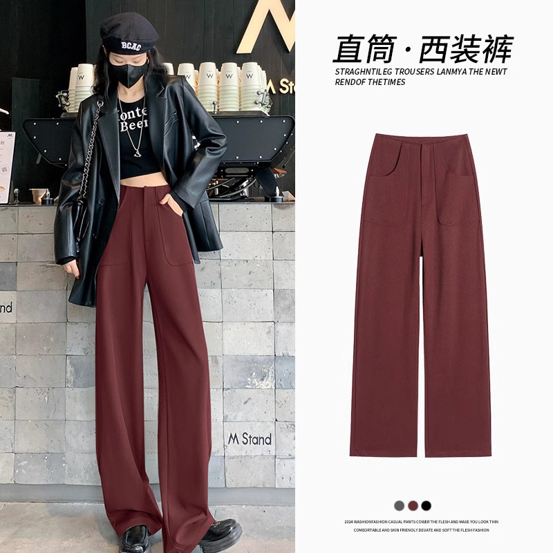 Ángora pantalones de traje rojo para mujeres 2024 otoño nuevo estilo de alto nivel sensación de pluma sensación de pluma variedad de pantalones de piernas anchas