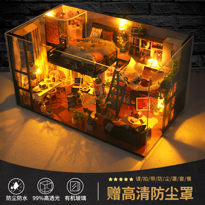 Casita DIY, modelo de casa hecha a mano, paisaje en miniatura de madera ensamblado, juguetes educativos para niños, regalo de cumpleaños con luces