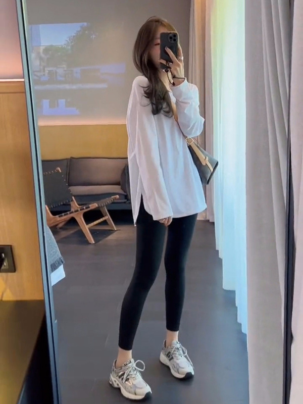 Heavy Cotton Long-sleeved T-shirt Women's White Sanding fleece-lined Thickened Base Shirt Autumn and Winter Mid-length Bottom Covering Top
