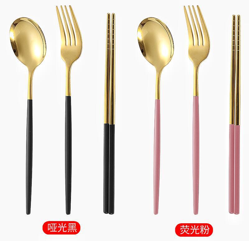 304不锈钢餐具ins勺子筷子叉子葡萄牙镀金彩色学生便携餐具套装详情10