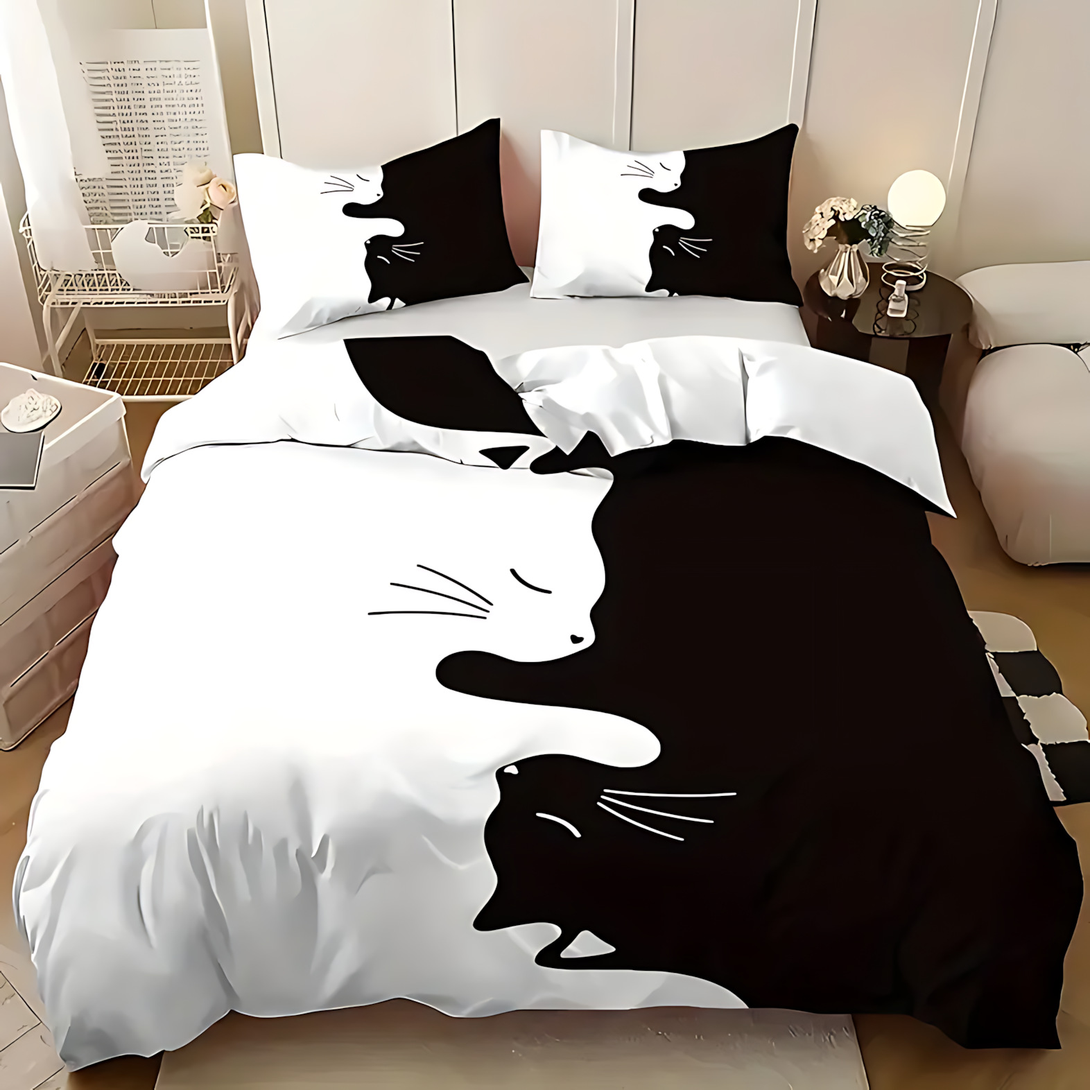 TEMU / JIT Kit de colcha blanca y negra gato doble impresión digital 3D fuente de ropa de cama fabricante puede fijarse