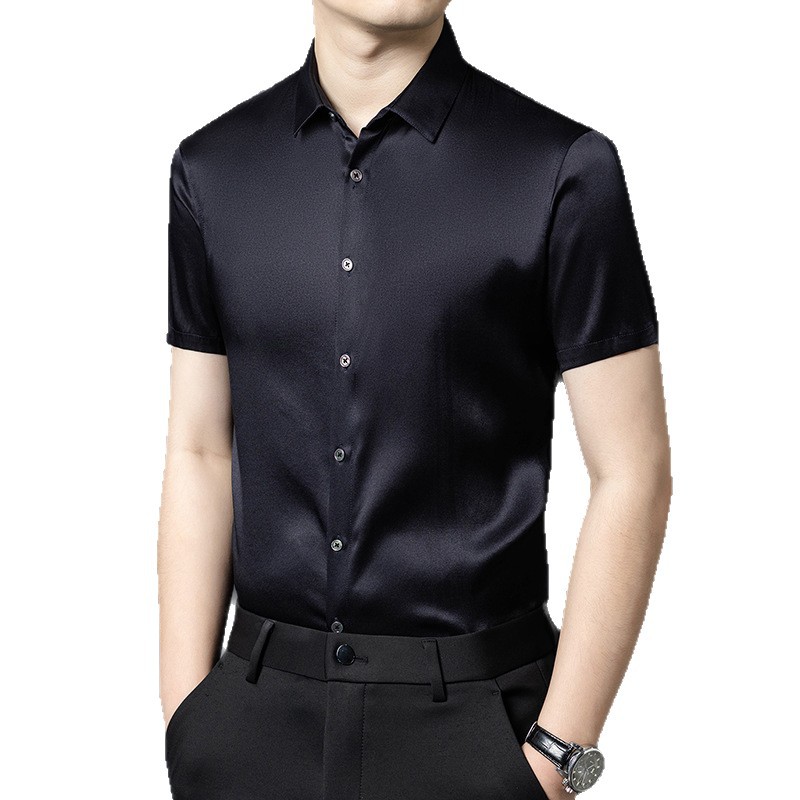Áo sơ mi nam lụa tơ tằm ngắn tay cao cấp — Xanh hải quân HT0292
