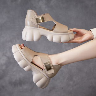 2025 Summer Roman Sandals Women's New Retro Velcro Thick-Soled Pancake Outer Wear 8cm Heightened Genuine Leather Women's Sandals