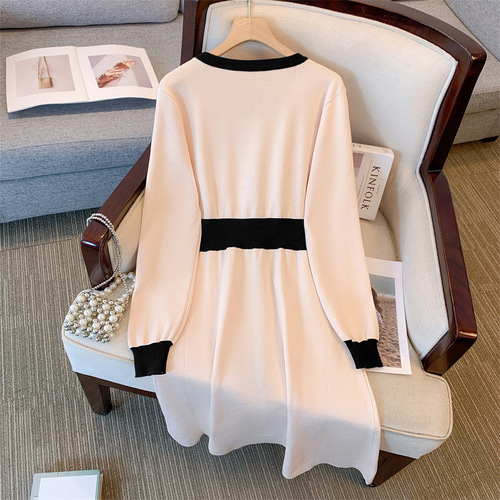 Large size women's clothing autumn and winter new French knitted dress, chanel style all-matching slimming sweater skirt