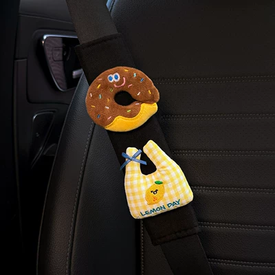 New Car Seatbelt Shoulder: Seat belt shoulder pad - brown-chocolate-donut-yellow-checkered-lemon-puppet-bag-black-shoulder-pads