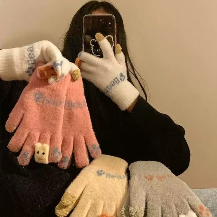 女生秋冬天保暖手套加绒加厚外出骑车全指针织毛线卡通可爱可触屏|undefined