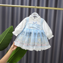 秋装儿童长袖洛丽塔印花洋气蓬蓬裙蓝色时尚公主裙一件代发E22302