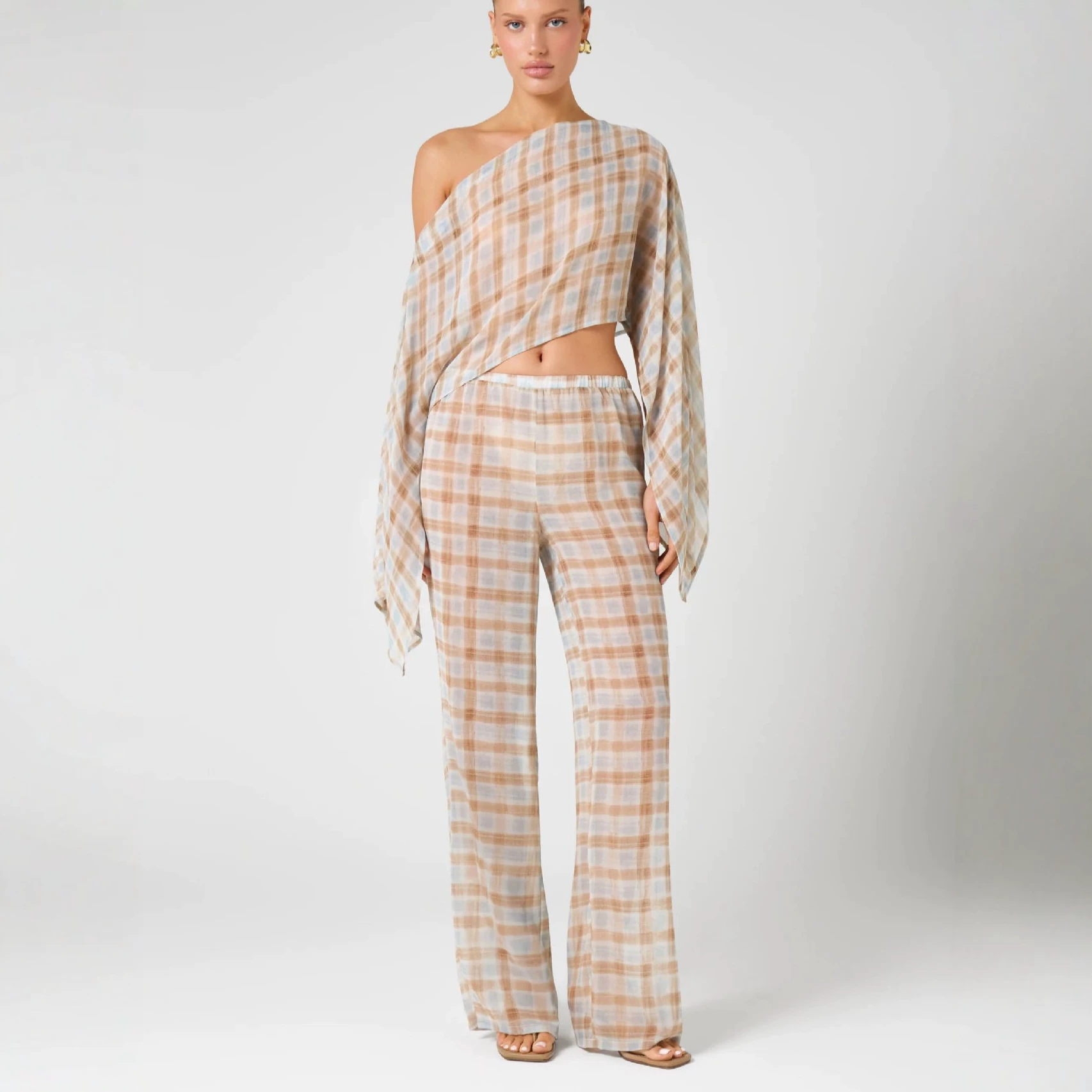 Women's Summer Plaid Sheer Shoulder Raglan Sleeve Top Waist Cinching Casual Straight Leg Trousers Set Style_ecoleips.com