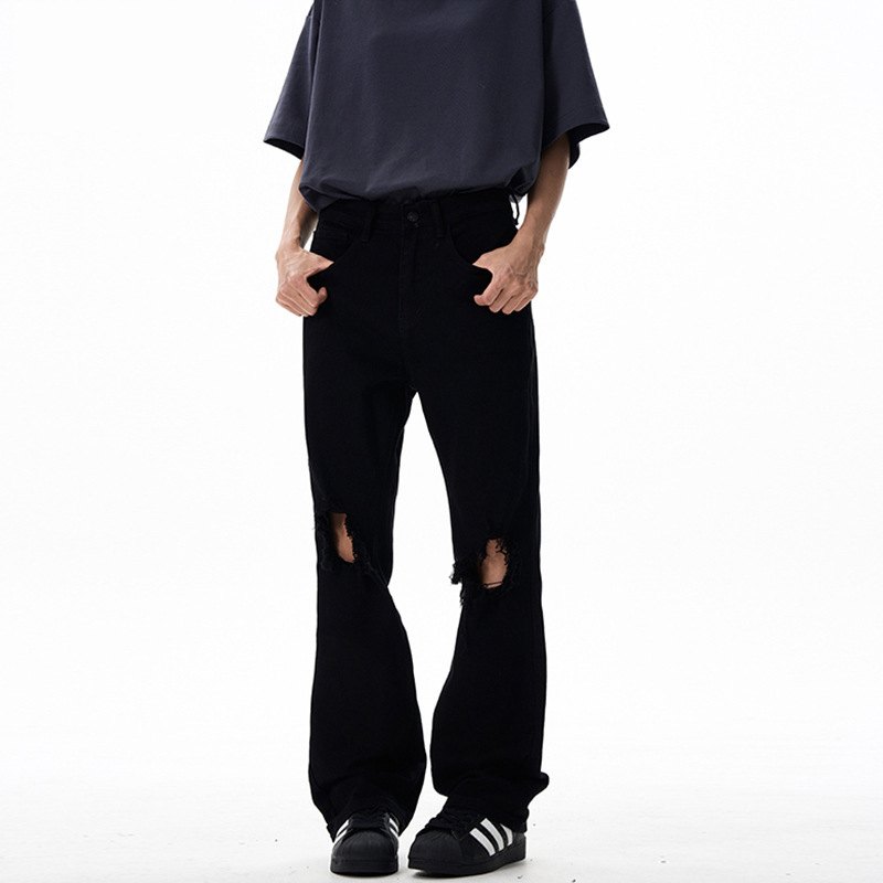 Knee Hole Pants Summer American High Street Black Bootcut Ripped Jeans Men's Slim Fit Versatile Trousers