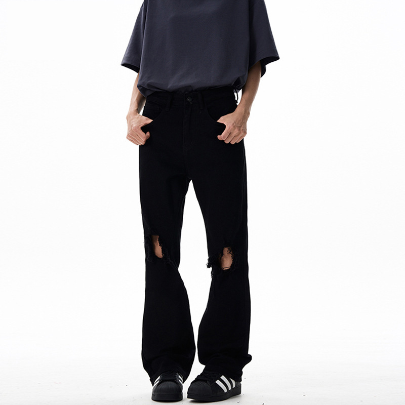 Knee Hole Pants Summer American High Street Black Bootcut Ripped Jeans Men's Slim Fit Versatile Trousers
