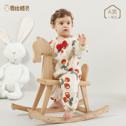Baby thin gauze cotton one-piece spring and autumn newborn baby long-sleeved Category A pure cotton jumpsuit home crawling suit