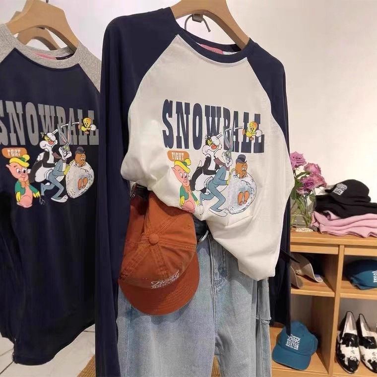 Extra Large Size 150kg Pure Cotton Raglan Sleeve Long-Sleeved T-Shirt for Women Early Autum Loose Cartoon Lazy Style Bottoming Shirt Top Extra Large Size 150kg Pure Cotton Raglan Sleeve Long-Sleeved T-Shirt for Women Early Autum Loose Cartoon Lazy Style Bottoming Shirt Top