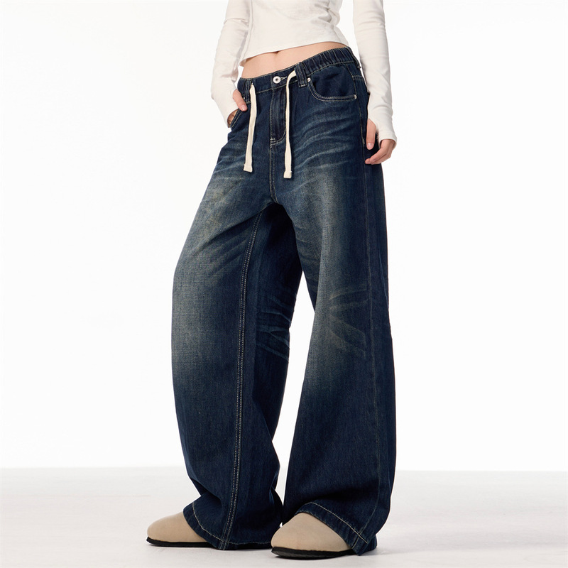 2024 American Style Retro Washed Elastoic Waist Straight Jeans Men's and Women's Design Sense Simple All-Match Slim Look Jeans