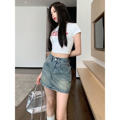 High-waisted denim skirt, denim bodycon skirt, half skirt, high-waisted summer, spicy girl, slimming A-line short skirt, trendy
