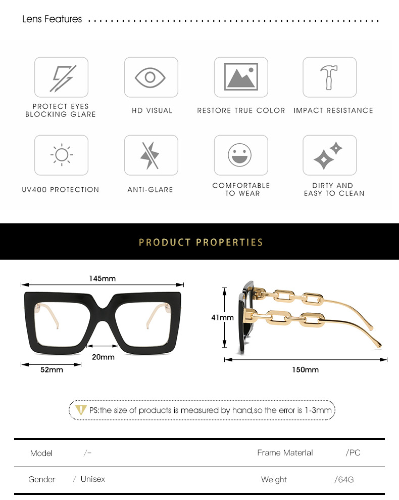PC Lens Material Square Glasses Style Fashion Color Block Leopard Chains Print PC Square Full Frame Optical Glasses