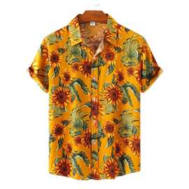 外贸2023夏季新款男子短袖开衫男士夏威夷衫3D数码印花向日葵衬衫