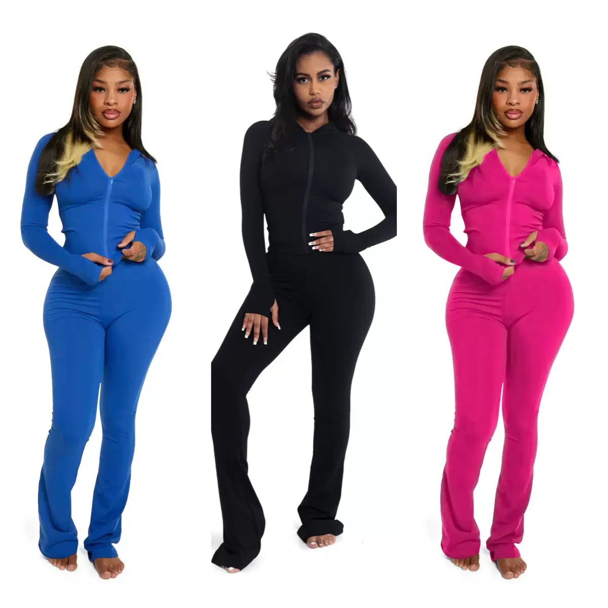 YD8838-C10 欧美女装 亚马逊新款 时尚休闲纯色连帽开衫两件套 跨