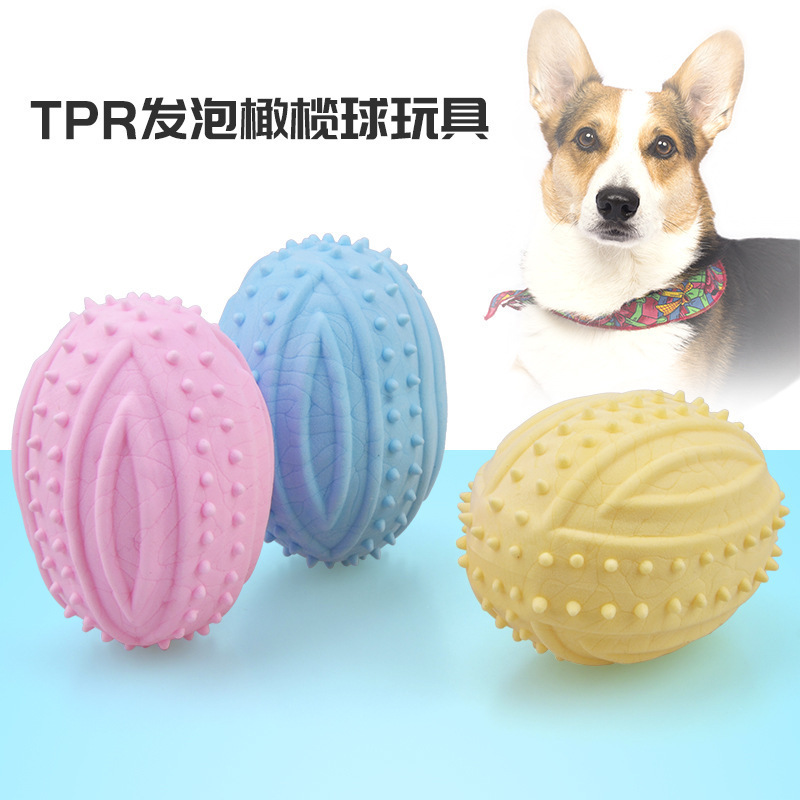 Amazon nuevo TPR espuma leche sabor púas sólido rugby mascota juguete mordedura juguete molar
