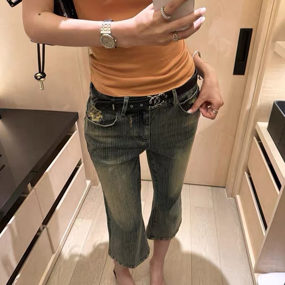 Mm72 New Style Washed Vintage Distressed Flared Denim Capri Pants for Women American Retro Spicy Girl Low-Waist Slim-Fit Mid-Length Pants
