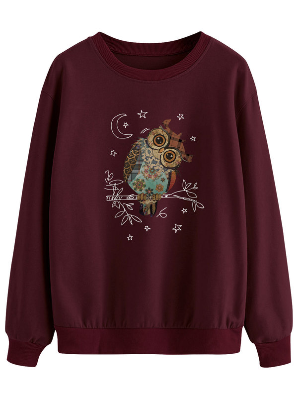 [Ready Stock] Cross-Border Export Women's Clothing Animals on the Branches Owl Moon Printed Cotton Sweatshirt for Women