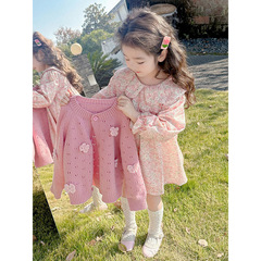 女童碎花連衣裙套裝2024春秋季新款兒童針織開衫毛衣女寶寶兩件套