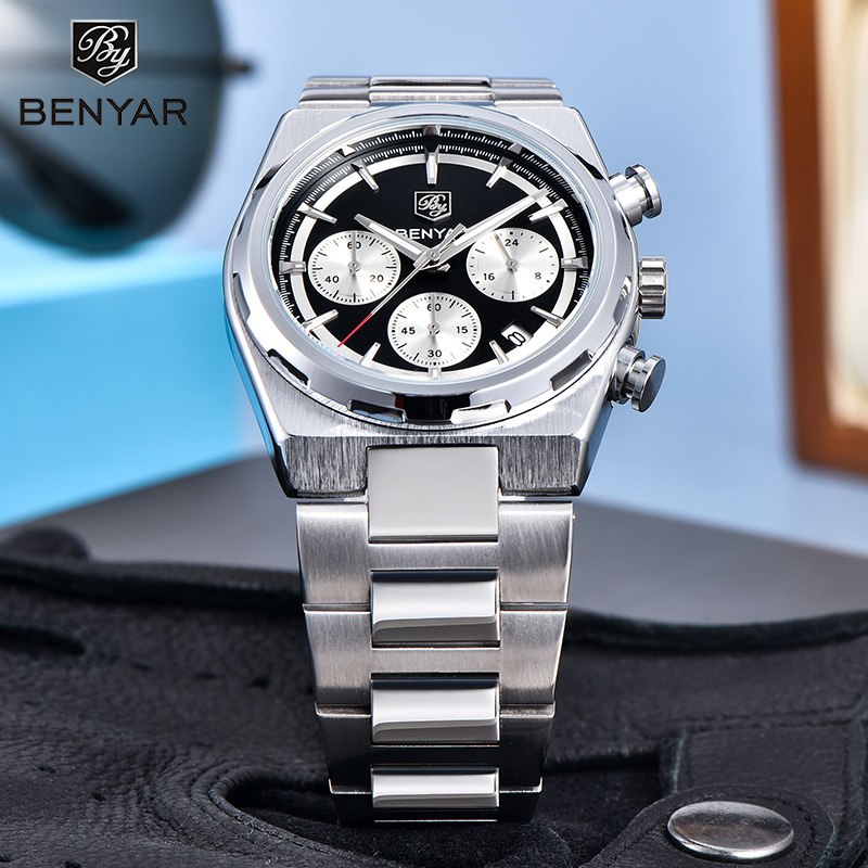 Reloj para hombre BY5204 reloj de cuarzo multifuncional de moda impermeable acero nocturno calendario reloj para hombre