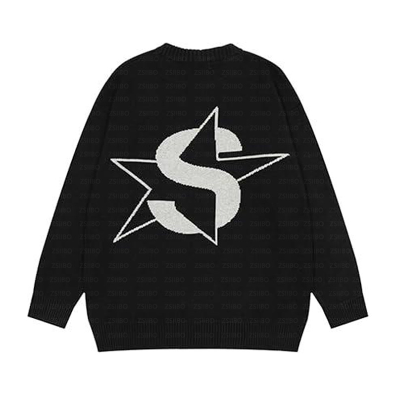 Lässiges, bequemes Pendeln, lockerer Jacquard-Strickpullover mit fünfzackigen Sternbuchstaben, Pulloveroberteil für Männer und Frauen_voghion.com