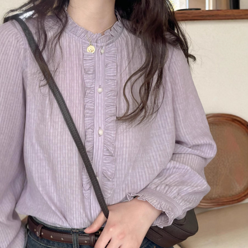 French Ambience Purple Fairy Lace Shirt Women's Autumn and Winter Japanese Style Vertical Collar Ear-rimmed Top Inner Shirt
