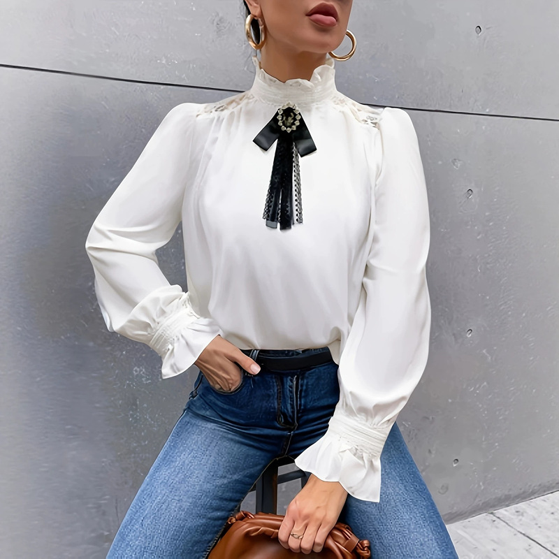 French-Style High-Neck Chiffon Shirt for Women, Long-Sleeved with Bowknot and Ruffled Cuffs, Elegant and Stylish for Commuting, Loose-Fitting Blouse