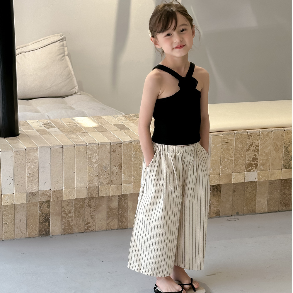 ins童裝2024夏女童立體花朵掛脖吊帶中大童女寶辣妹風坑條無袖t恤