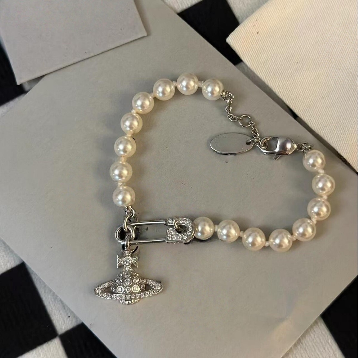 High Version Empress Dowager's New Full Diamond Pin Saturn Pearl Bracelet Women's European and American Style High-grade Pearl Bracelet