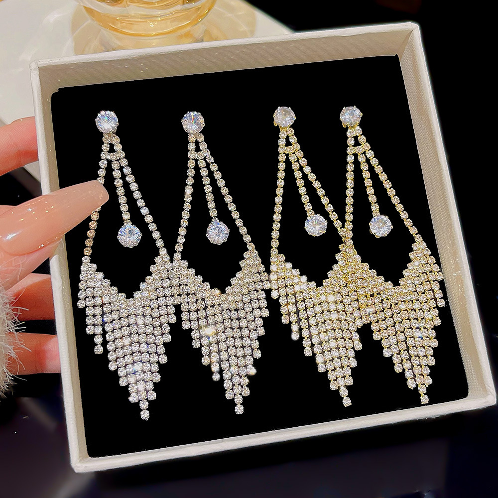 925 silver needle diamond tassel earrings light luxury elegant long earrings fashion personality European and American high-grade earrings for women