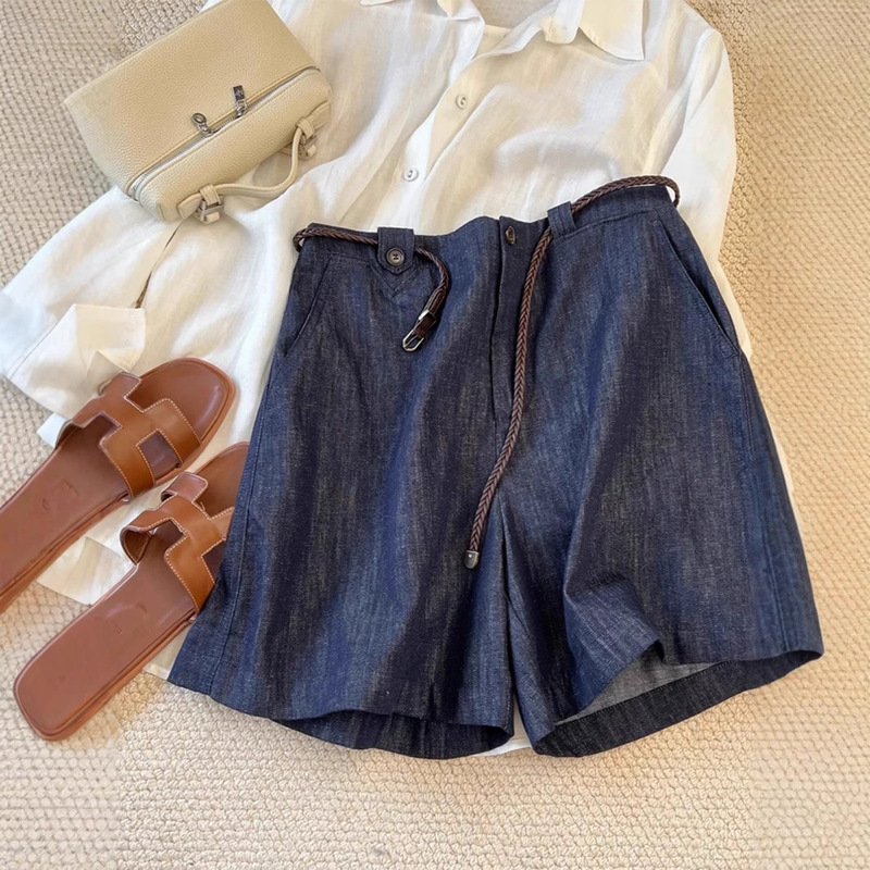 God pants, addictive somatosensory!!! dark blue Linen Jeans Women's High Waist Wide Leg Cotton Linen Shorts