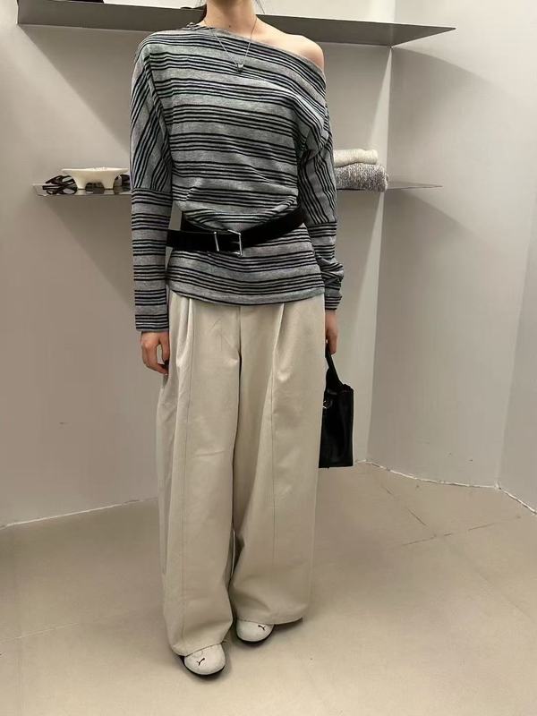 撞色条纹斜肩配腰带长袖T恤女2025早秋新款洋气宽松时尚百搭上衣|undefined