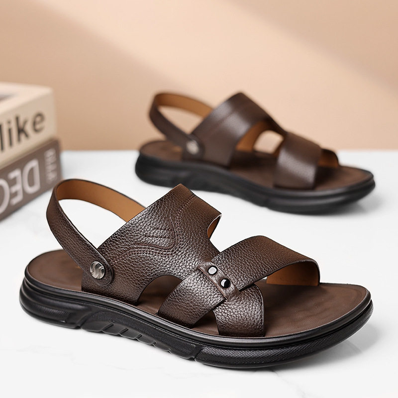 Dép sandal nam da bò lớp đầu thoáng khí, đế mềm êm chân, kiểu hở ngón — 51300 màu nâu, 51300 màu đen
