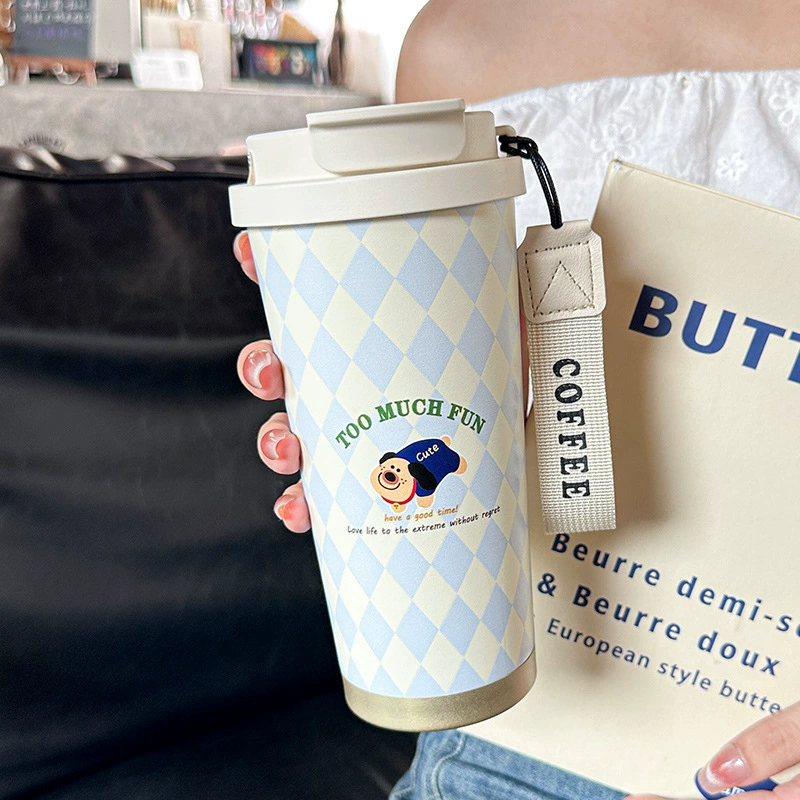 Portable Coffee Tumbler, glass & stainless steel travel mug, 500 ml, cute pattern strap gift