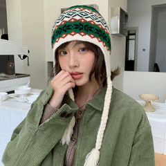 费尔岛复古提花针织帽韩系辫子包头帽秋冬休闲百搭保暖护耳套头帽