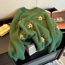 跨境Z复古绿色碎花刺绣软糯圆领毛衣女秋季2025新款宽松慵懒风针