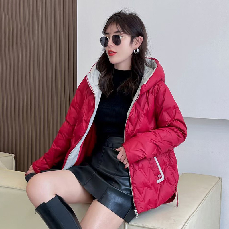 跨境秋冬新款羽绒服女短款保暖白鸭绒菱格时尚连帽韩版休闲外套潮|undefined